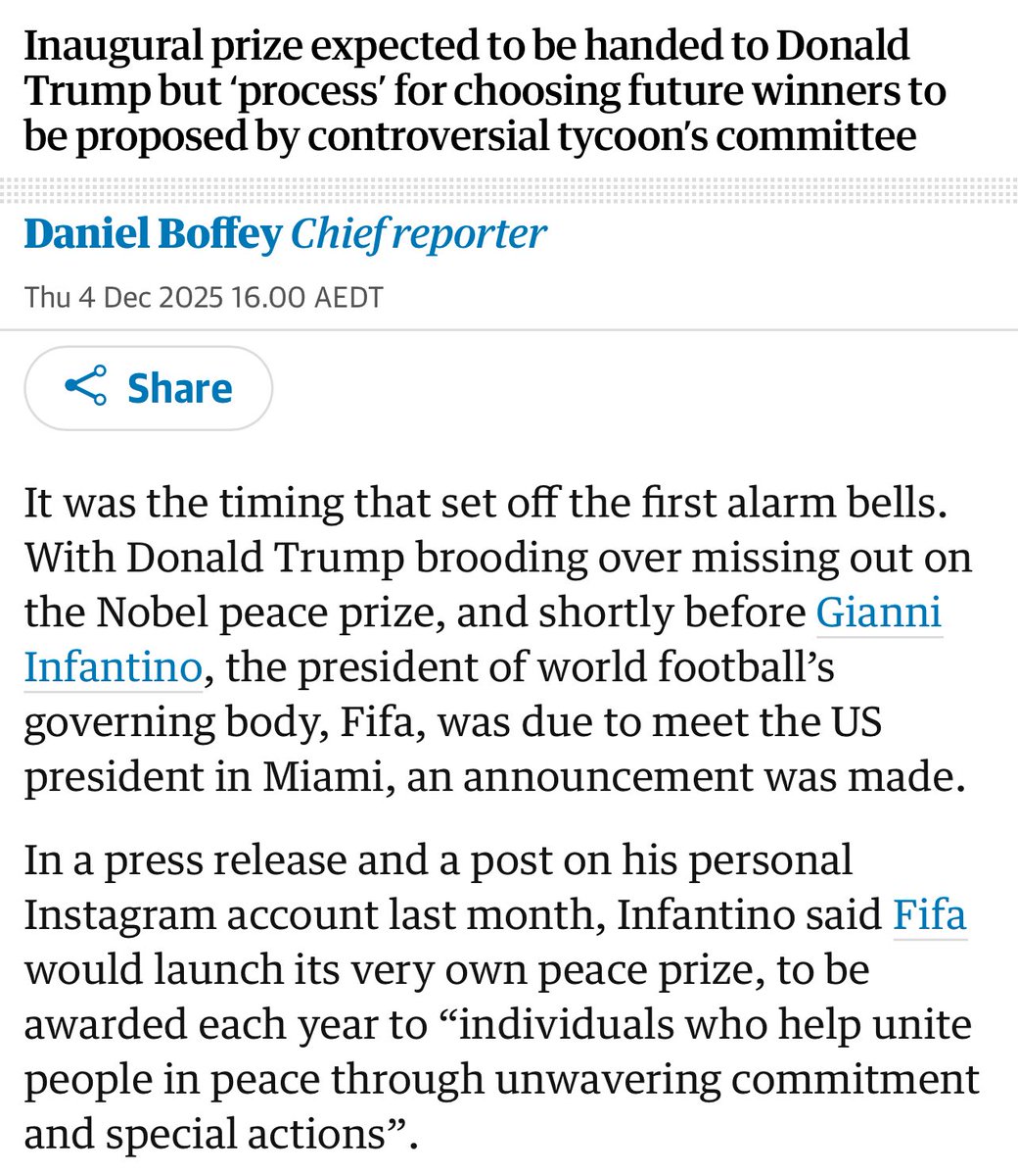 Craig_Foster's tweet photo. A peace prize for Trump by FIFA; who is arming and funding genocide in Palestine and shielding war criminal Netanyahu from accountability; by a new ‘social responsibility’ committee led by a person complicit under international law in the genocide of the Rohingya.

From a sport governing body with a human rights policy and very clear statutory provisions on anti-racism, anti-discrimination and promoting the International Bill of Rights.

Football, and FIFA, in 2025. 

The exact opposite of social responsibility.

‘The background of the chair of the committee tasked with coming up with a proposal on the process may not convince everyone that he will speak truth to power either.

He is Zaw Zaw, the 59-year-old president of the Myanmar football federation for the past two decades who, along with his company, Max Myanmar, was the subject of EU and US economic sanctions at various points between 2009 and 2016.

The US state department described him in a press release in 2009 as one of the “cronies” of Myanmar’s brutal ruling military junta as it suppressed democracy and violated human rights.’