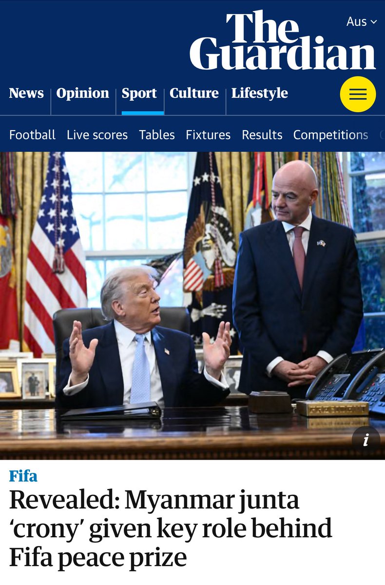 Craig_Foster's tweet photo. A peace prize for Trump by FIFA; who is arming and funding genocide in Palestine and shielding war criminal Netanyahu from accountability; by a new ‘social responsibility’ committee led by a person complicit under international law in the genocide of the Rohingya.

From a sport governing body with a human rights policy and very clear statutory provisions on anti-racism, anti-discrimination and promoting the International Bill of Rights.

Football, and FIFA, in 2025. 

The exact opposite of social responsibility.

‘The background of the chair of the committee tasked with coming up with a proposal on the process may not convince everyone that he will speak truth to power either.

He is Zaw Zaw, the 59-year-old president of the Myanmar football federation for the past two decades who, along with his company, Max Myanmar, was the subject of EU and US economic sanctions at various points between 2009 and 2016.

The US state department described him in a press release in 2009 as one of the “cronies” of Myanmar’s brutal ruling military junta as it suppressed democracy and violated human rights.’
