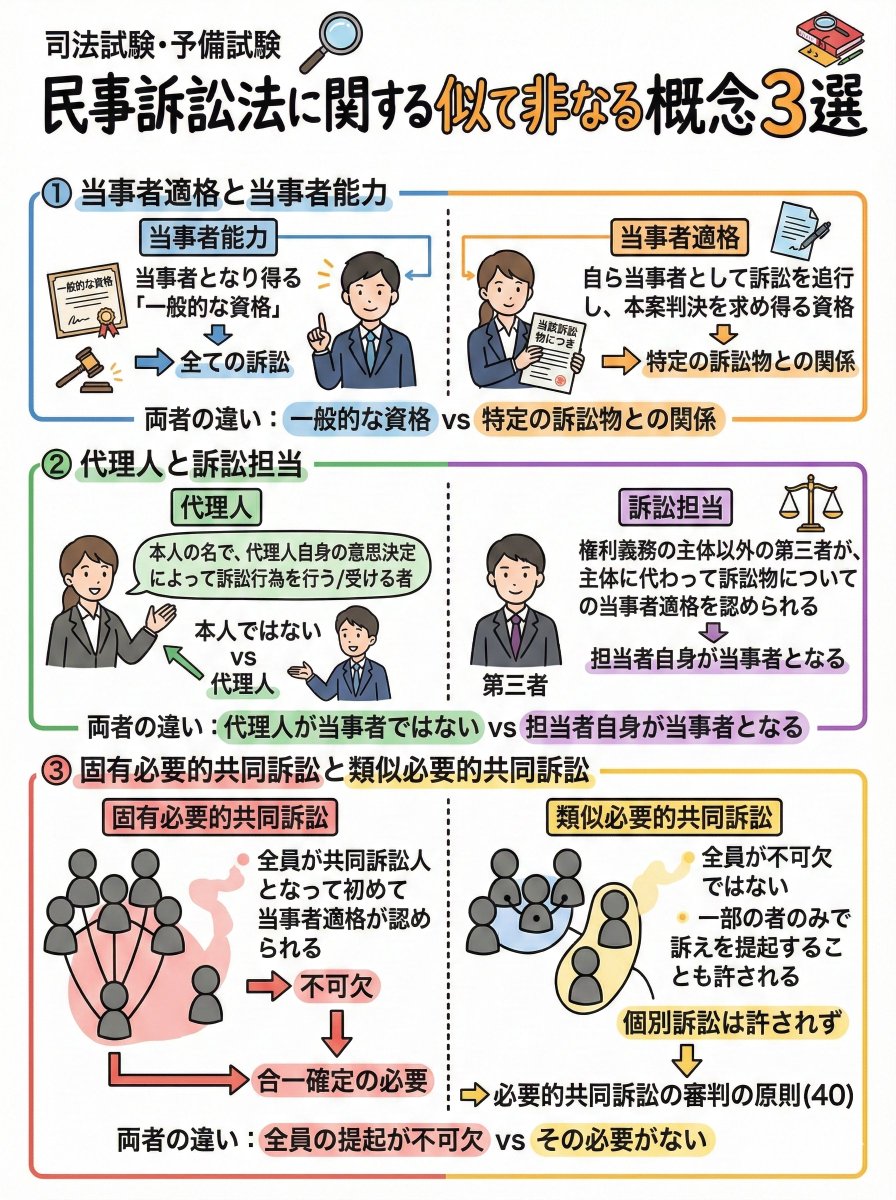 民事訴訟法に関する「似て非なる概念」3選を図解しました📝 ①当事者適格と当事者能力 ②代理人と訴訟担当 ③固有必要的共同訴訟と類似必要的共同訴訟  それぞれの違い、パッと説明できますか？🤔 #司法試験 #予備試験