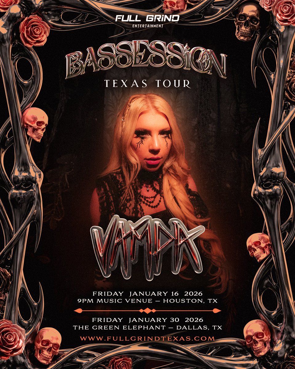 ANNOUNCING:  <a href="/BASSESSION/">BASSESSION 🛸</a> Texas Tour Ft. @VampaOfficial 🦇🥀⚔️ 

+ support TBA! 🙊🙈🙉 

Houston, TX @ 9PM Music Venue
— Friday, January 16th, 2026 — 

Dallas, Tx @ The Green Elephant
— Friday, January 30th, 2026 —

Very few $10 tickets are now up for grabs! Go snag em’