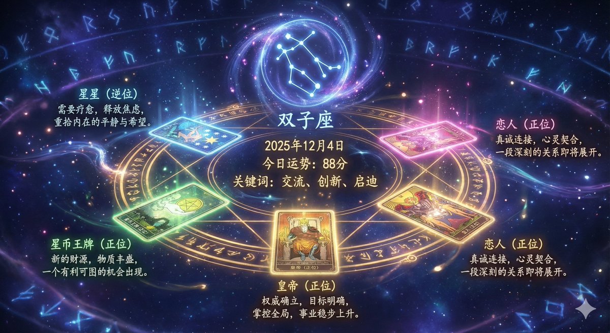 用AI 測一下你的運勢如何(提示詞適用於nano banana pro + Gemini)
提示詞最後輸入你的生日
----
請依照以下規則產生一張具有魔法視覺效果的塔羅牌占卜圖像:
【輸入】
- 使用者生日:{user_bi