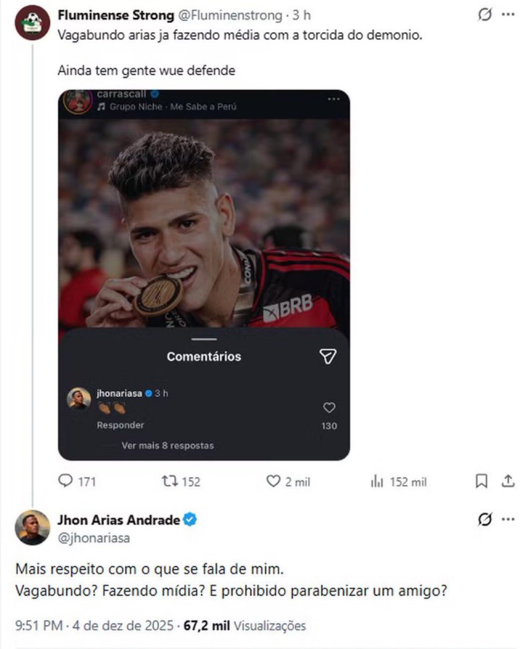 Polêmica entre perfil tricolor e Jhon Arias