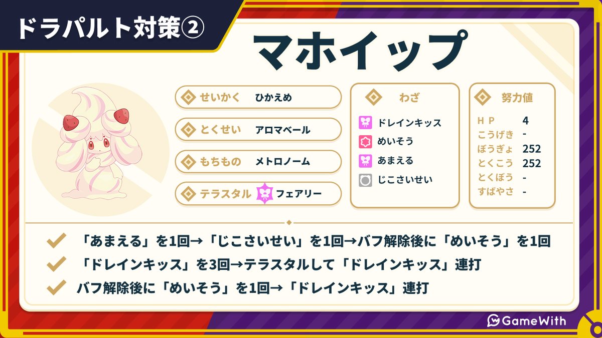 pokemon_GW's tweet photo. ＼ 最強ドラパルトのソロ向け対策ポケモン ／

■ニンフィア
ドラゴンテラスレイド攻略でおなじみの安定枠🧚‍♀️

■マホイップ
特性「アロマベール」で「のろわれボディ」を対策🧁

▼ 攻略の立ち回り詳細
https://t.co/DgfYRgd1ez
#ポケモンSV  #最強ドラパルト https://t.co/ALEaJcbRth