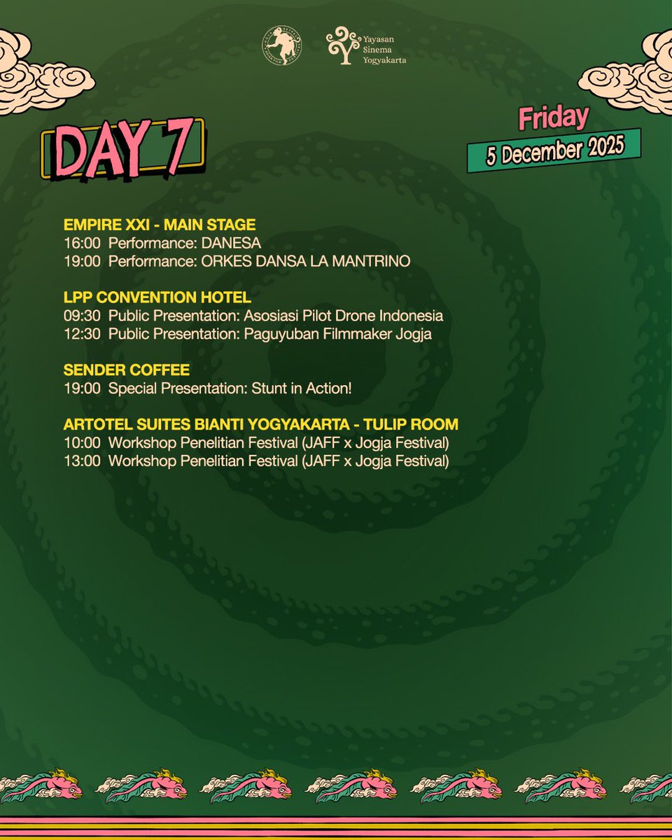 JAFFJogja's tweet photo. Check Schedule Day 7
5 Dec 2025

#JAFF20 #JAFFJogja https://t.co/YoCrTblyjL