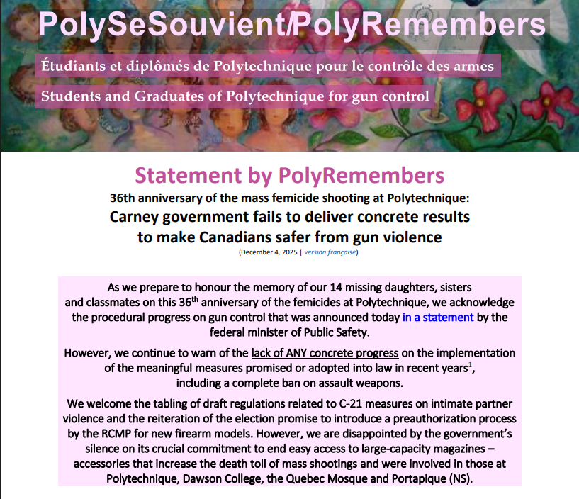Polysesouvient's tweet image. Here is our statement on the 36th anniversary of the mass femicide shooting at Polytechnique, which responds to today's government announcement on #GunControl: polysesouvient.ca/Documents_2025… #Dec6