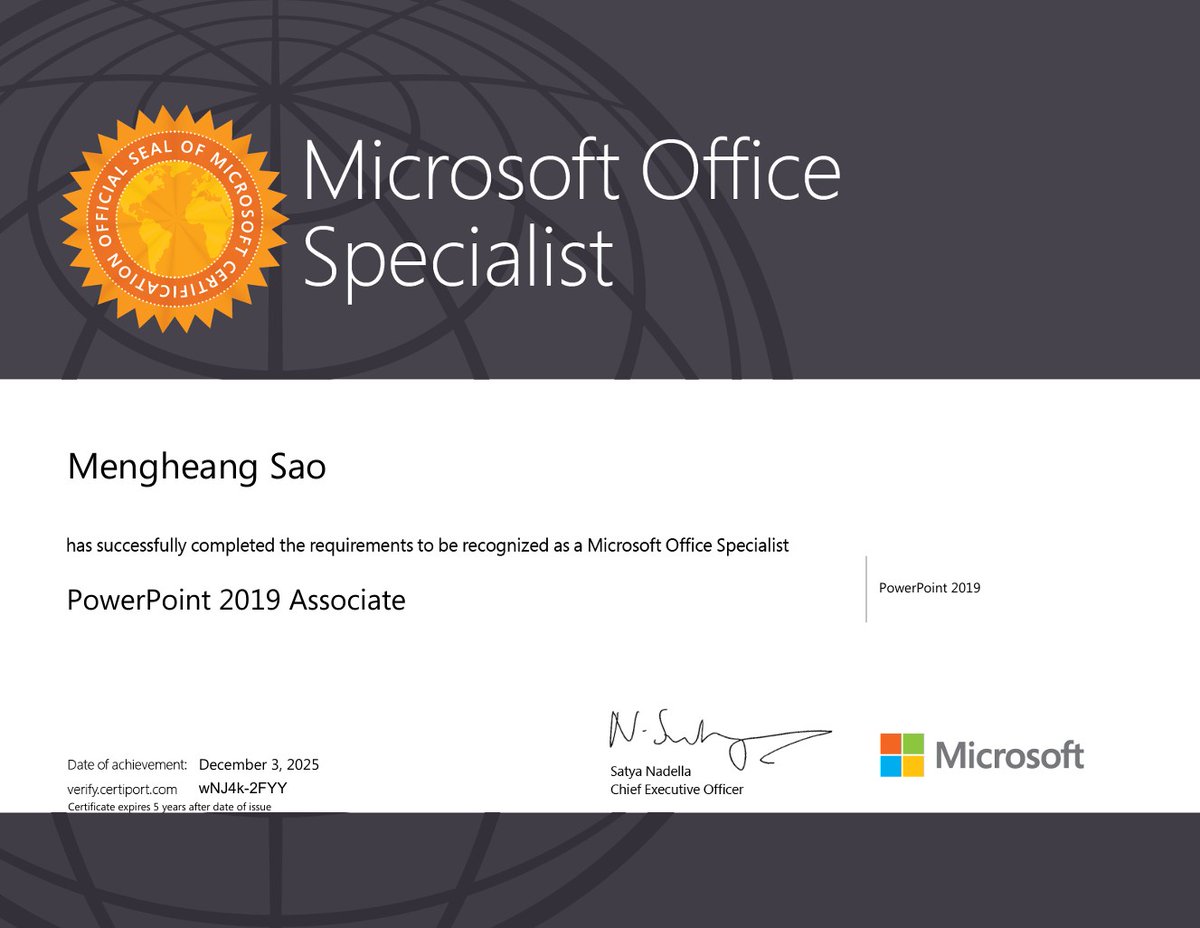 innovationkh's tweet photo. Congratulations to Mr. Sao Mengheang, who has completed the requirements to be recognized as a “Microsoft Office Specialist PowerPoint 2019 Associate” through an in-person examination at ISE, the Certiport Authorized Testing Center.

#InnovationSchool #Certiport #MOS https://t.co/KQtaRLa2Dq