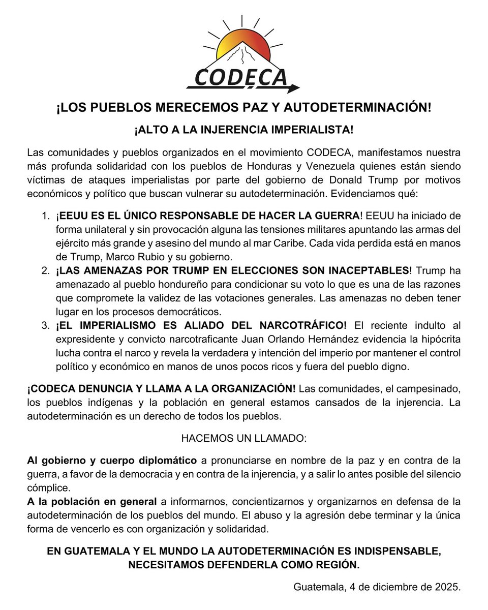GtCodeca's tweet image. Desde CODECA reafirmamos nuestra solidaridad con los pueblos de Honduras y Venezuela. 
Exigimos el respeto pleno a su soberanía y autodeterminación, y denunciamos la injerencia norteamericana que amenaza la dignidad de los pueblos.

📣 ¡Dignidad, soberanía y autodeterminación…