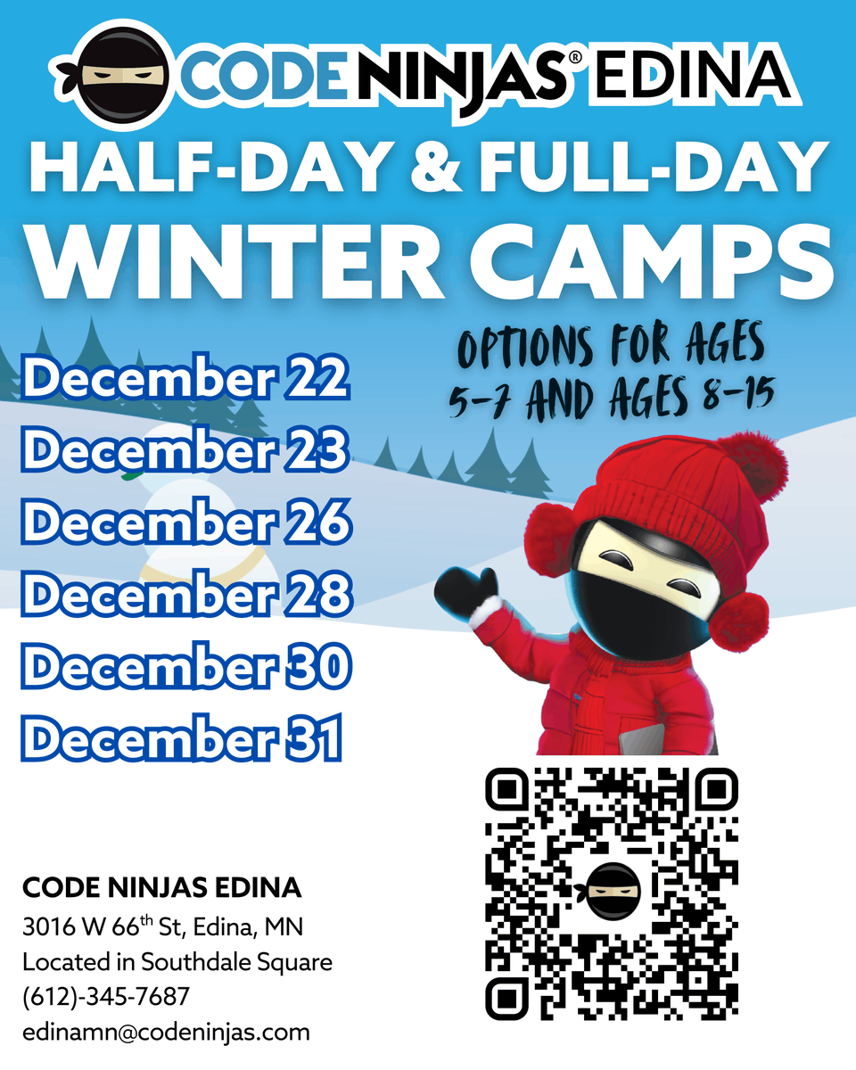 codeninjasmn's tweet photo. ☃️Our Winter Camps are filling! Reserve your spot now!❄️ - https://t.co/EyGMtLLufb https://t.co/BcXQaZOhxG