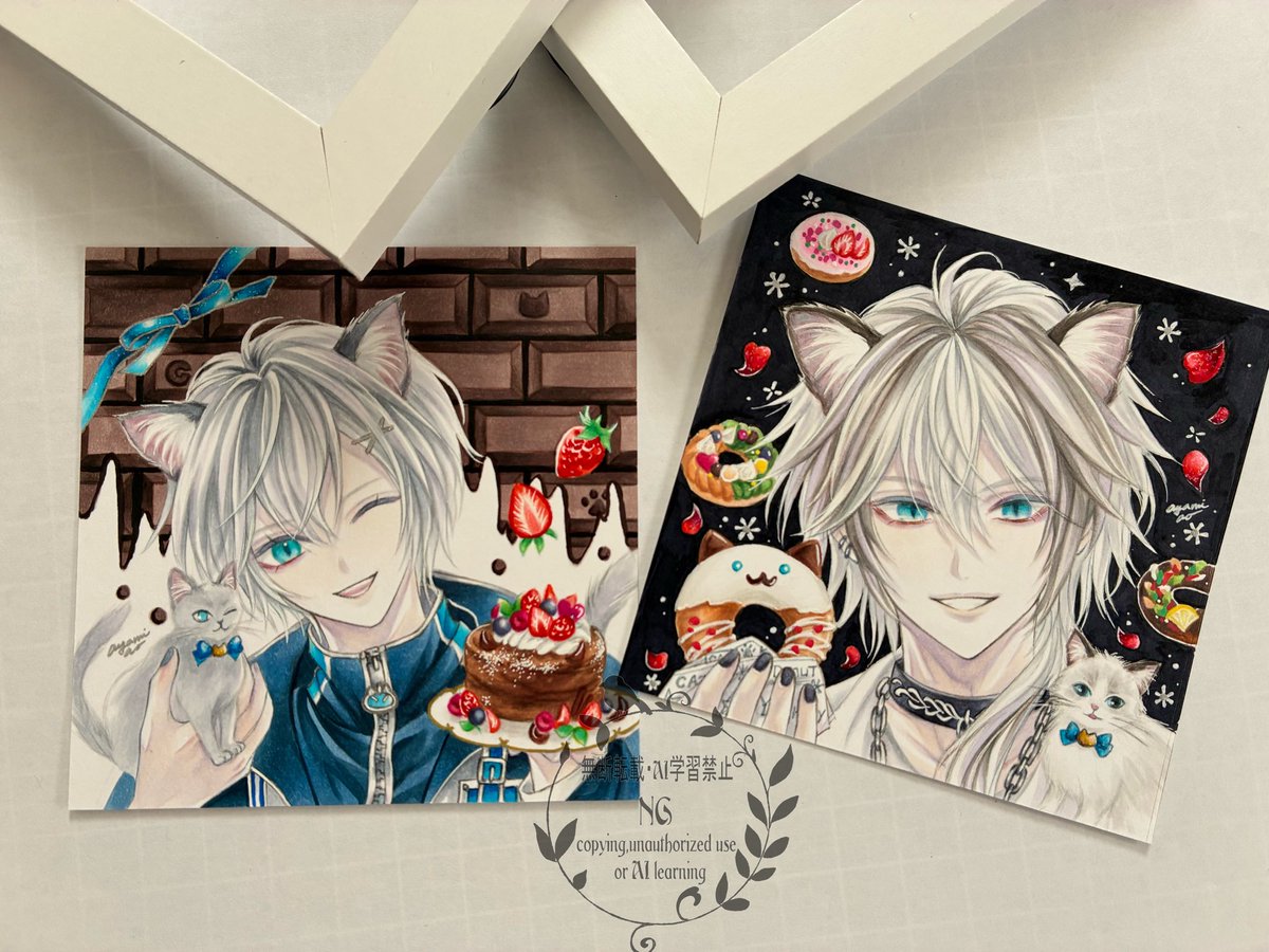 ねこしっぽ展 額装作品 額サイズ11×11㎝ イラストサイズ9×9㎝ コピック