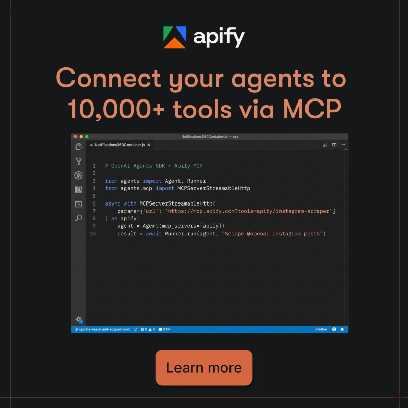 apify's tweet photo. Scrape Instagram, Google Maps, company websites. Structured data back to your agent for analysis or action.

10,000+ tools. One line to connect.