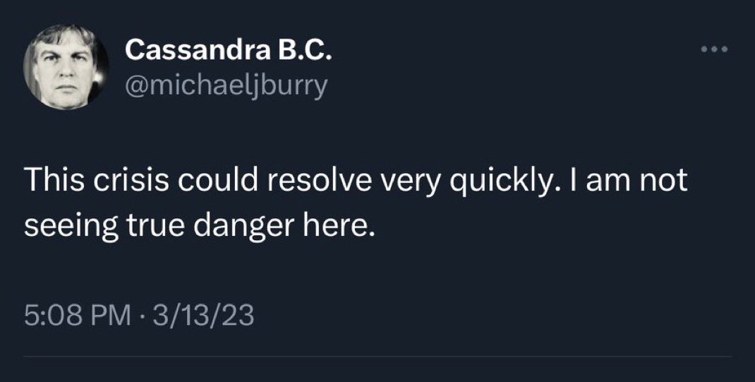 michaeljburry's tweet image. Jan 31, 2023 - I tweet “Sell”
Banking crisis ensues and banks fail. There is panic and stocks fall. 
Mar 13, 2023 - I tweet “This crisis could resolve very quickly. I am not seeing true danger here.” 
March 30, 2023 - I tweet “I was wrong to say sell.”

/meme corrected