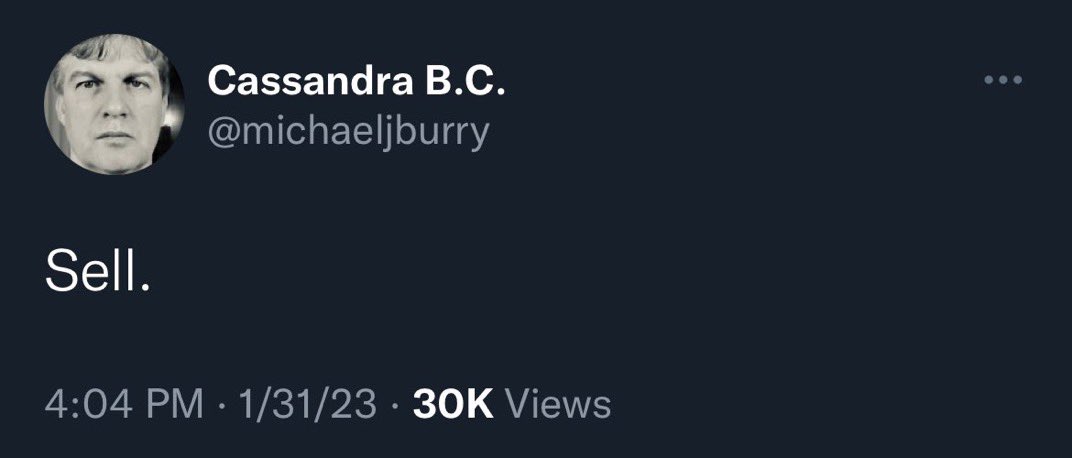 michaeljburry's tweet image. Jan 31, 2023 - I tweet “Sell”
Banking crisis ensues and banks fail. There is panic and stocks fall. 
Mar 13, 2023 - I tweet “This crisis could resolve very quickly. I am not seeing true danger here.” 
March 30, 2023 - I tweet “I was wrong to say sell.”

/meme corrected