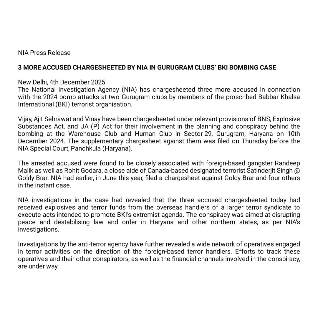 3 More Accused Chargesheeted by NIA in Gurugram Clubs’ BKI Bombing Case