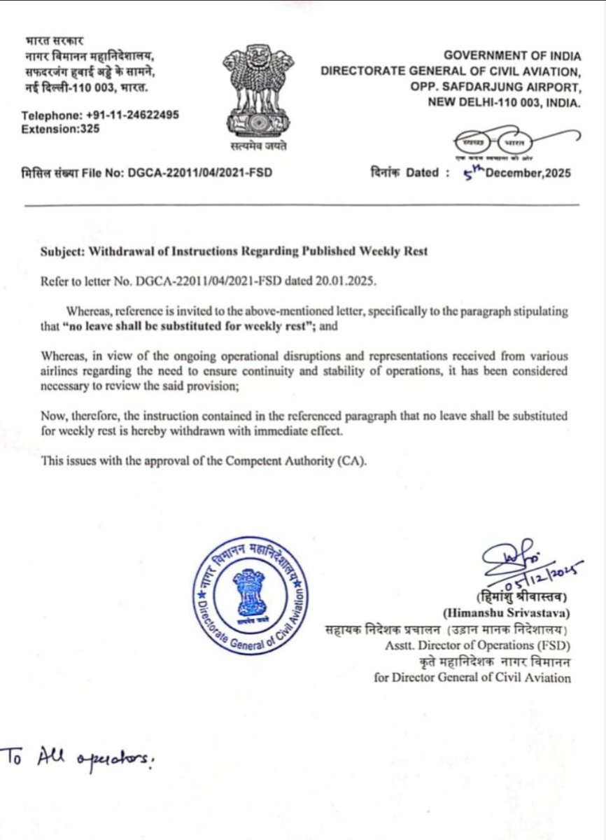 MASSIVE ROLLBACK !
The Civil Aviation Ministry withdraws the directive that extended pilots’ rest hours.

#IndigoDelay #indigoflight #indigochaos #IndiGoCrisis