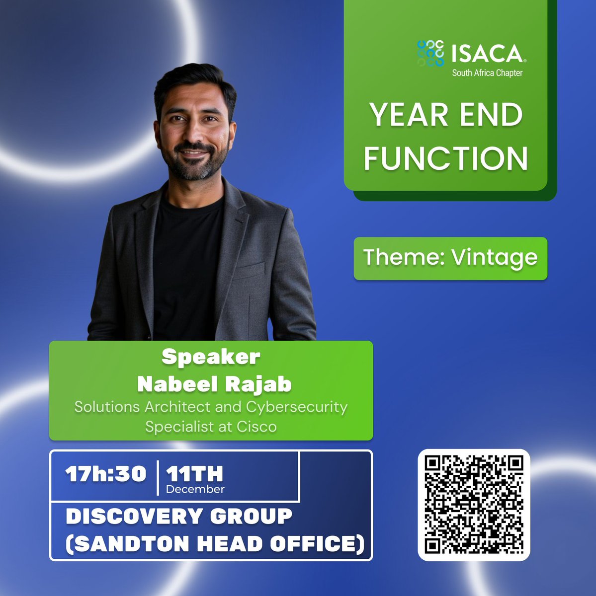 Isacaza's tweet image. Join us on December 11th as we feature Nabeel Rajab, a seasoned Solutions Architect and Cybersecurity Specialist at Cisco!

Secure your spot for this elegant Vintage-themed event!
•RSVP is essential: forms.office.com/r/KqCbR0n6k5

#ISACASouthAfrica #VintageParty #NetworkingEvent