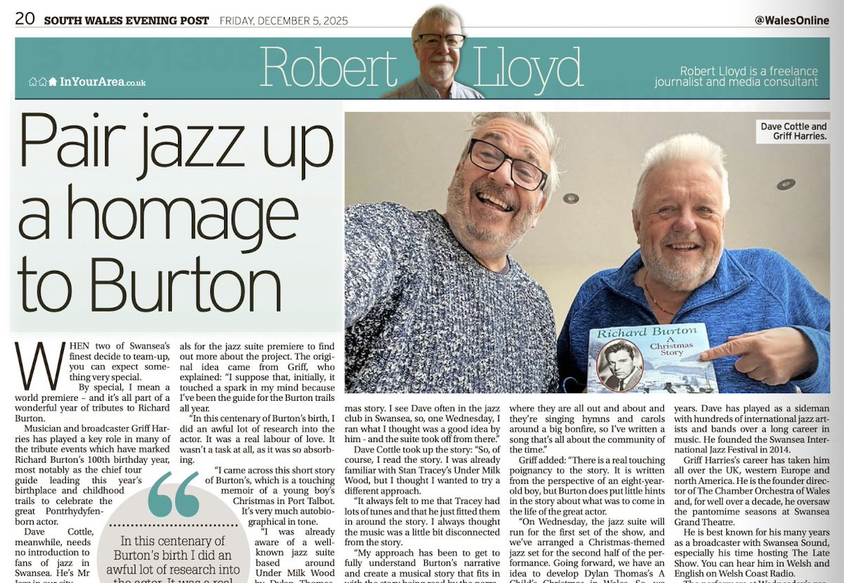 This chap <a href="/rlloydpr/">Robert Lloyd</a> has his weekly column in the South Wales Evening Post today. This week, he’s putting the spotlight on a world premier event to honour the memory of Richard Burton. #Llanelli #Carmarthen #Swansea #Neath #PortTalbot #SupportYourLocalPaper #buyapaper