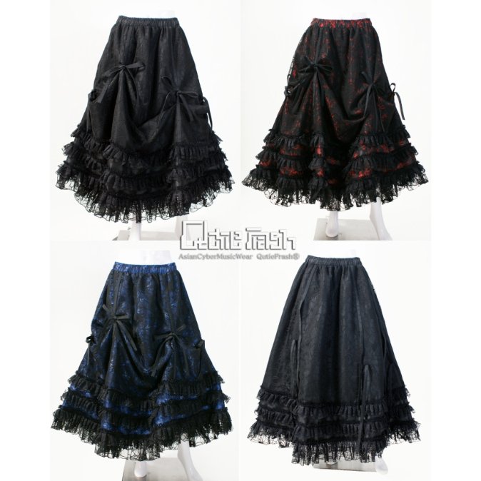 Qutie Flash 蜘蛛フリルスカート　黒×白 NEW! QutieFrash新作 蜘蛛メッシュロングスカート 6ヶ所のリボンで