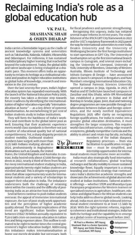 TheDailyPioneer's tweet image. India, the writers argue, stands at a pivotal moment to reclaim its civilisational role as a global education hub by aligning its ancient academic legacy with modern reforms. Despite a vast higher education system and the NEP 2020’s push for “internationalisation at home,” India…