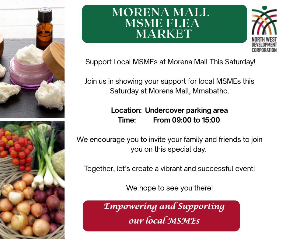 Tomorrow, you can double up on spreading the festive spirit - find gifts for your loved ones AND support a local business.
Head to the Morena Mall's undercover parking area, Mahikeng, on Saturday, 6 December for the NWDC-hosted MSME market. From 9am.

#LetsGrowNorthWestTogether