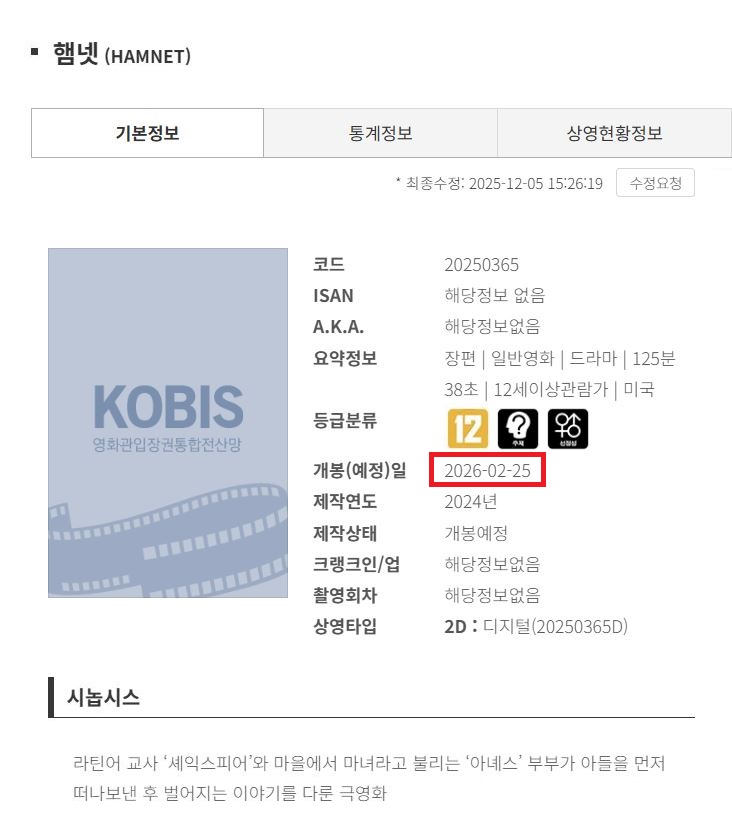 클로이 자오 감독 <햄넷> 2026년 2월 25일 국내 개봉 예정

라틴어 교사 ‘셰익스피어’와 마을에서 마녀라고 불리는 ‘아녜스’ 부부가 아들을 먼저 떠나보낸 후 벌어지는 이야기

 제시 버클리, 폴 메스칼, 에밀리 왓슨, 조 알윈 출연