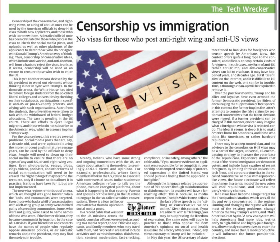 TheDailyPioneer's tweet image. The writers argue that the new H-1B visa rules under the Trump administration blur the line between immigration policy and political censorship, giving US officials sweeping power to deny visas based on an applicant’s past online speech. Consular officers are now instructed to…