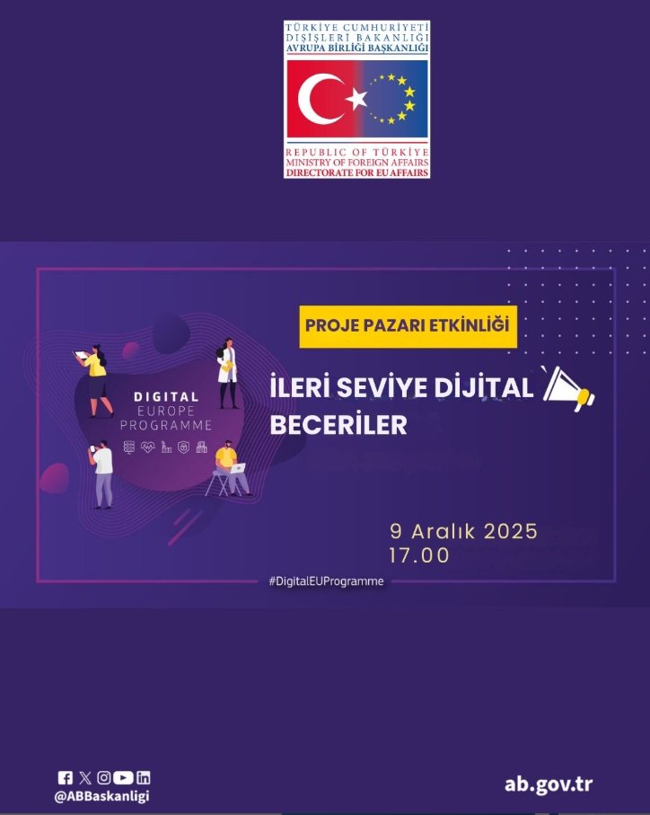📢 HaDEA &amp; Avrupa Komisyonu tarafından yürütülen İleri Seviye Dijital Beceriler Teklif Çağrısına yönelik proje pazarı etkinliği düzenlenecektir.
🗓️ Tarih: 9 Aralık 2025
⏰ Saat: 17.00
💻 Çevrim içi
Kayıt: tinyurl.com/5d5jk4c9