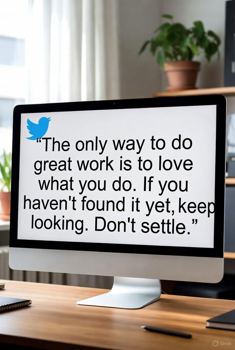 <<الطريقة الوحيدة لعمل شيء عظيم هي أن تحب ما تفعل. إذا لم تجده بعد، استمر في البحث. لا تستقر>>