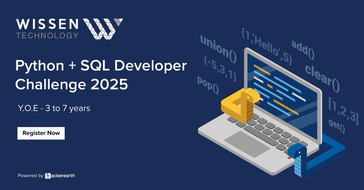 HackerEarth's tweet image. Hiring NOW! ⏳
Python + SQL Developer roles (3–7 YOE) at Wissen are filling fast for Bangalore &amp;amp; Mumbai. If you’re serving notice or ready to switch soon, this is your moment—don’t miss the chance to join a top-tier tech team.
Register Here: tinyurl.com/2e4bxfnd

@wissen_tech