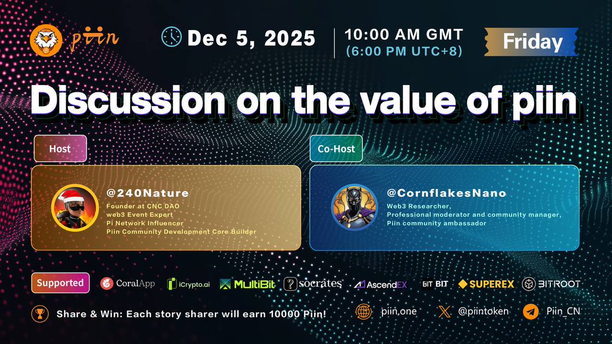 piin35789's tweet photo. On Dec 5, 18:00 (UTC+8), join #Piin community's Space to experience the magic of #memecoins and feel how community consensus is driving #Piin to become the next market hotspot 👊👊👊
Space link: https://t.co/bR03WB2Dr0
#VIRGEN #SOLACE #AXR #ASYNC #VADER #DINO #KAITO #BIOS https://t.co/QumCT4fyes