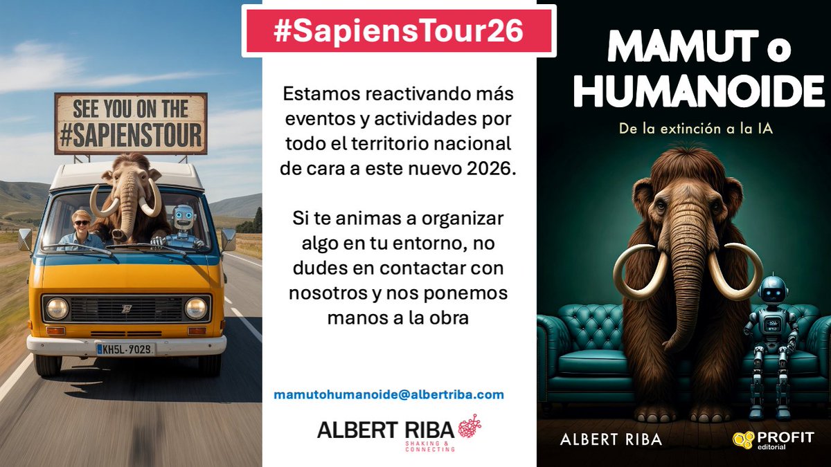 Estamos reactivando las actividades de divulgación de #mamutohumanoide en el territorio nacional de cara a este 2026.

Si te apetece organizar una charla, un taller o una experiencia, no dudes en contactarnos. Nos pondremos manos

📩 mamutohumanoide@albertriba.com