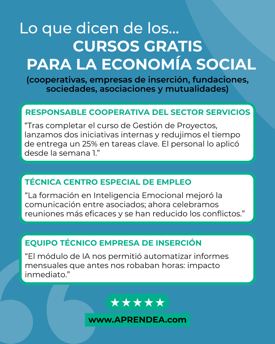 espacioaprendea's tweet photo. 📢 Lo que dicen de los... ⭐ CURSOS GRATIS PARA LA ECONOMÍA SOCIAL ⭐ ¿Quieres apuntarte con todo tu equipo? ¡Hazlo aquí! https://t.co/9c4sYUAZ79 #CursosGratis #EconomíaSocial https://t.co/sMCtESC9YP