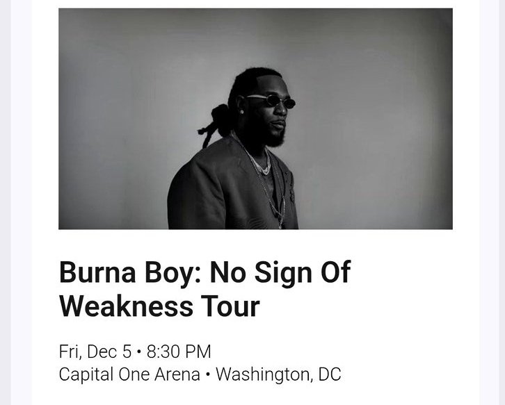 Burna boy- no sign of weakness continue this Friday 

Capital one arena . Washington, DC 

360° center stage 🦍