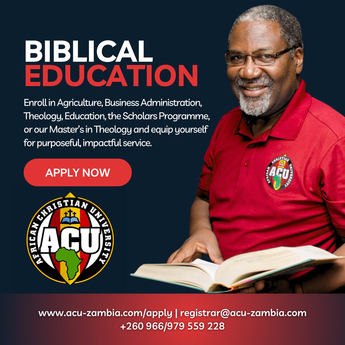 Study Agriculture, Business, Theology, Education, the Scholars Programme, or our Master’s in Pastoral Theology.

Begin your Christ-centred academic journey today.
Apply here ➜ acu.ac.zm/apply

#ThisIsACU #BiblicalEducation #ChristianEducation #ApplyNow #BiblicalWorldview