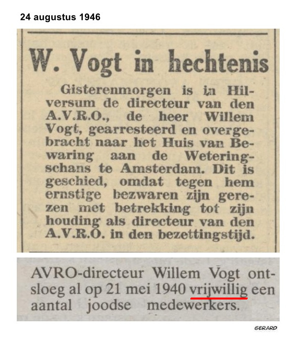 Foute omroep.
Zonder daartoe opdracht te hebben gekregen liep de AVRO al vlak na de Duitse inval in mei 1940 voorop om deze omroep 'Judenfrei' te maken. Ontslagen werden onder andere Han Hollander, Max Tak, Jetty Cantor, Albert van Raalte, etc.
#Songfestival <a href="/AVROTROS/">AVROTROS</a>