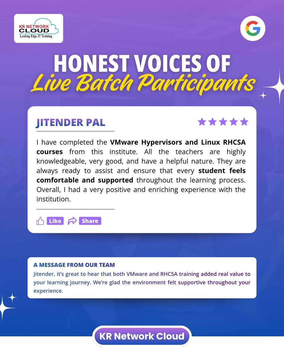 KRNetworkCloud1's tweet image. A POSITIVE LEARNING EXPERIENCE WITH VMWARE &amp;amp; RHCSA

Jitender Pal shared his experience after completing VMware Hypervisors and Linux RHCSA training 
#vmware #rhcsa #linuxtraining #virtualization #krnetworkcloud #studentreview #learningjourney #cloudskills #techtraining