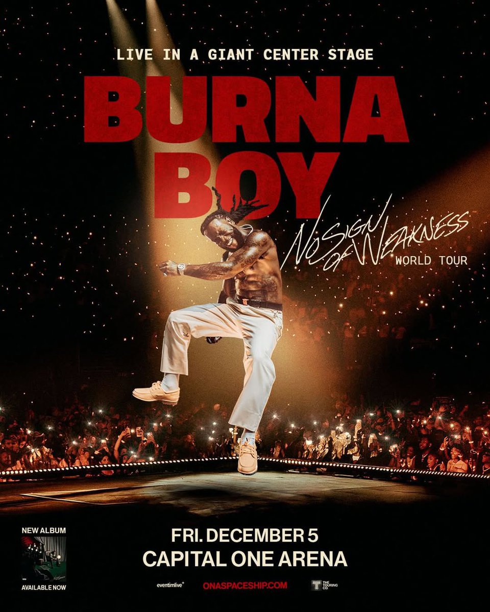 🚨 LIVE ON A GIANT CENTER STAGE 🚨

Burna Boy continues his North America Tour, performing tonight (UTC−5) at the 20,356-capacity Capital One Arena in Washington, D.C. 🇺🇸
#NOSIGNOFWEAKNESSTOUR