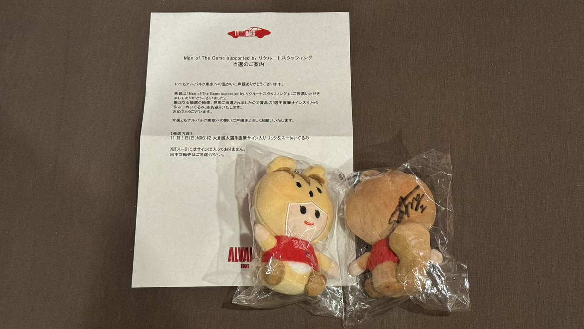 選手サイン入りプロマイド・選手直筆サイン入りリック&スーぬいぐるみ 選手サイン入りプロマイド・選手直筆サイン入りリック&スーぬいぐるみ