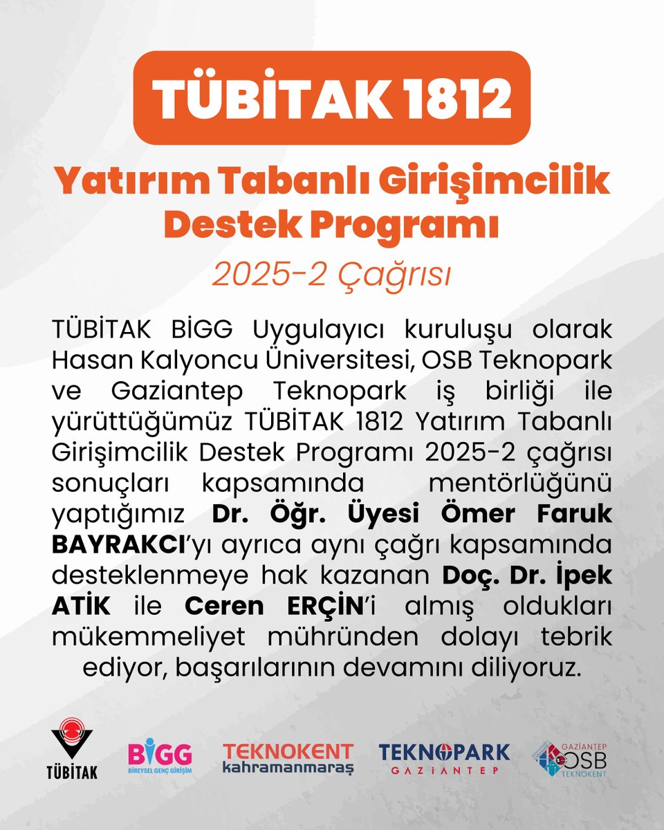 TÜBİTAK 1812 Yatırım Tabanlı Girişimcilik Destek Programı Başarısı

Mentörlüğünü yaptığımız Dr. Öğr. Üyesi Ömer Faruk BAYRAKCI’yı, aynı çağrı kapsamında desteklenmeye hak kazanan Doç. Dr. İpek ATİK ile Ceren ERÇİN’i almış oldukları mükemmeliyet mühründen dolayı tebrik ediyoruz.