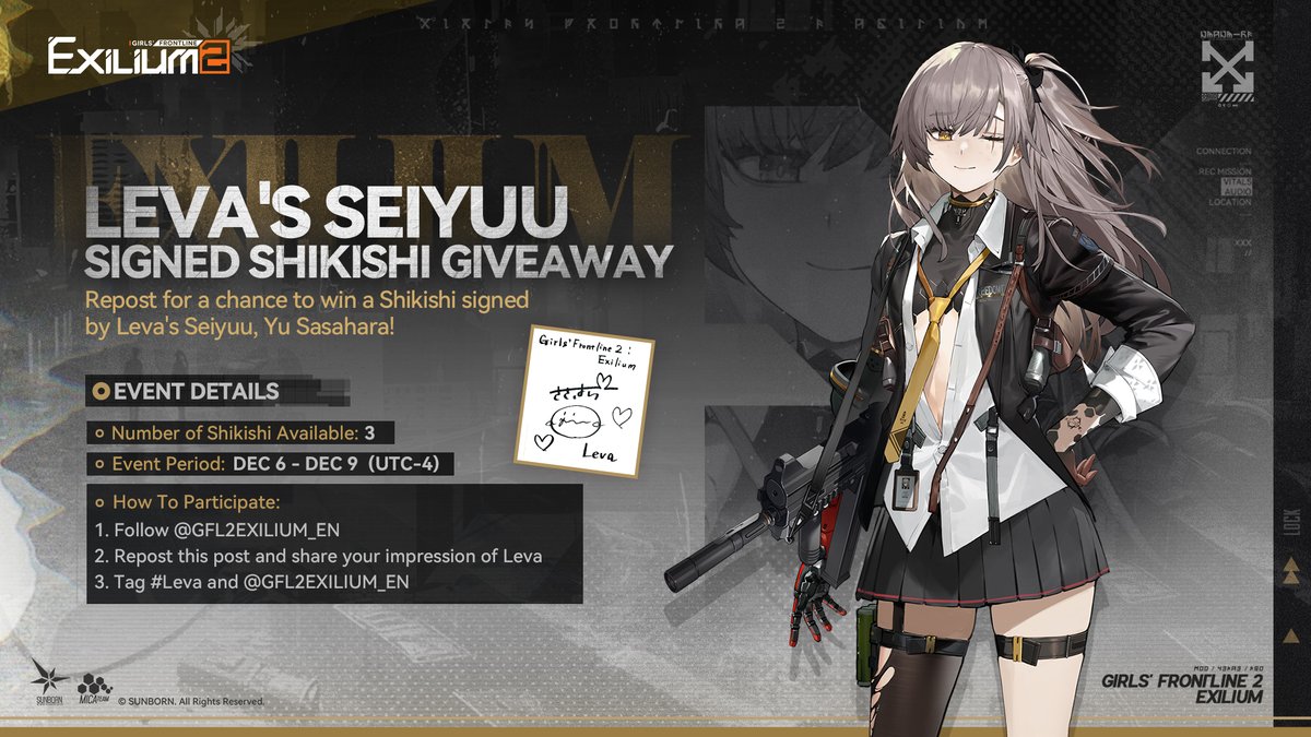 GFL2EXILIUM_EN's tweet image. Special Giveaway | Leva's Seiyuu Signed Shikishi 

■ Number of Shikishi Available: 3
■ Event Period: Dec 6 - Dec 9 (UTC-4) 
■ How To Participate: 
Please refer to the image below.

&amp;gt;&amp;gt; Download on mobile and PC: sunborn.onelink.me/fxKG/prall
#GirlsFrontline2Exilium #GFL2Anniversary