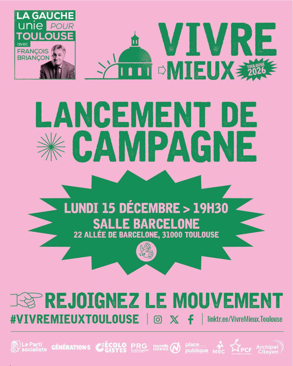 Maintenant, on y va ! Toutes et tous ensemble ! Rendez-vous le 15 décembre !
#VivreMieuxToulouse #Toulouse2026