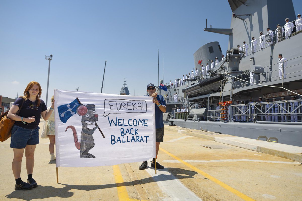CN_Australia's tweet photo. Welcome home to the crew of HMAS Ballarat! I am immensely proud of your commitment and service to #OurNavy. Deployments of this nature require significant commitment from our people and their loved ones. I pass on my thanks also to your families for their support. BZ! https://t.co/FnCIZuE2yB