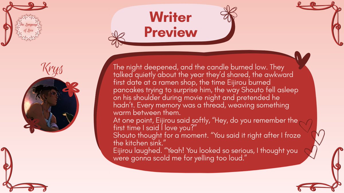 tlolkrtdzine's tweet photo. 🤍 WRITER PREVIEW ❤️
A ✨️BONUS✨️ #KiriTodo/#TodoKiri preview comes from our lovely writer, Krys! https://t.co/9I2xtydFFd
