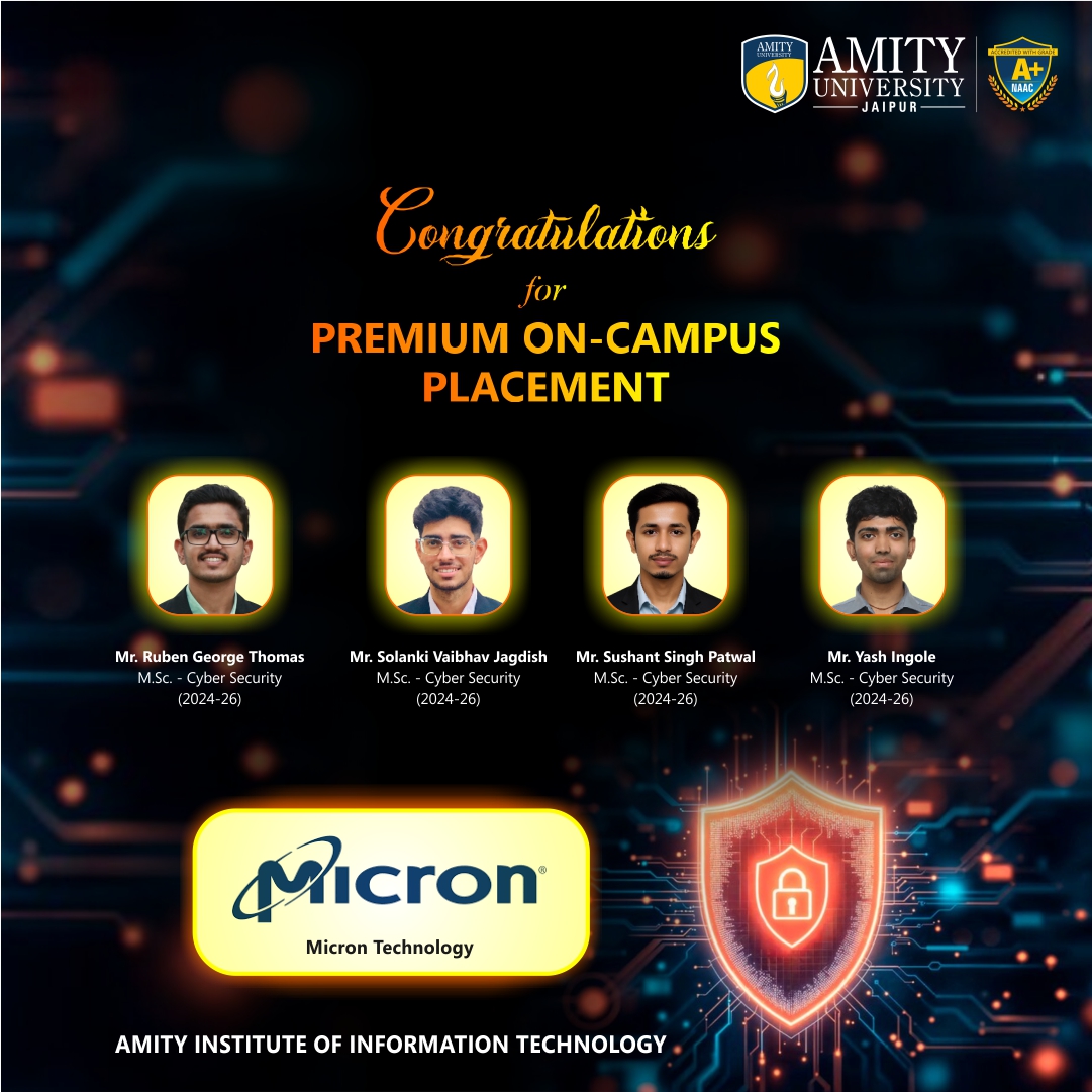 AmityUniJaipur's tweet image. Congratulations to our Cyber Security students from Amity Institute of Information Technology who achieved Premium On-Campus Placements at Micron Technology! 

#Micron #CyberSecurity #AmityPlacements #StudentSuccess