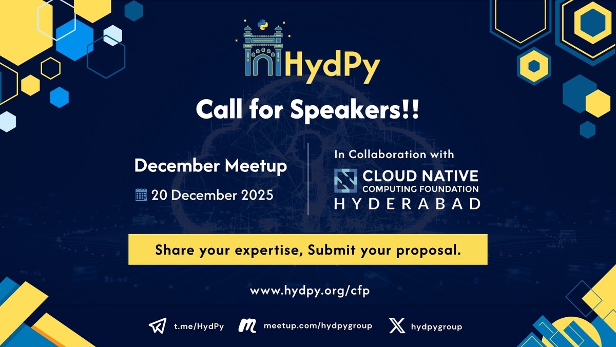 hydPython's tweet image. Call for Proposals for #HydPy December Meetup in collaboration with @cncfhyd is now open! We are looking for speakers to share their expertise on Cloud Native using python. This is a fantastic opportunity to present to the community!

Submit your proposal: hydpy.org/cfp