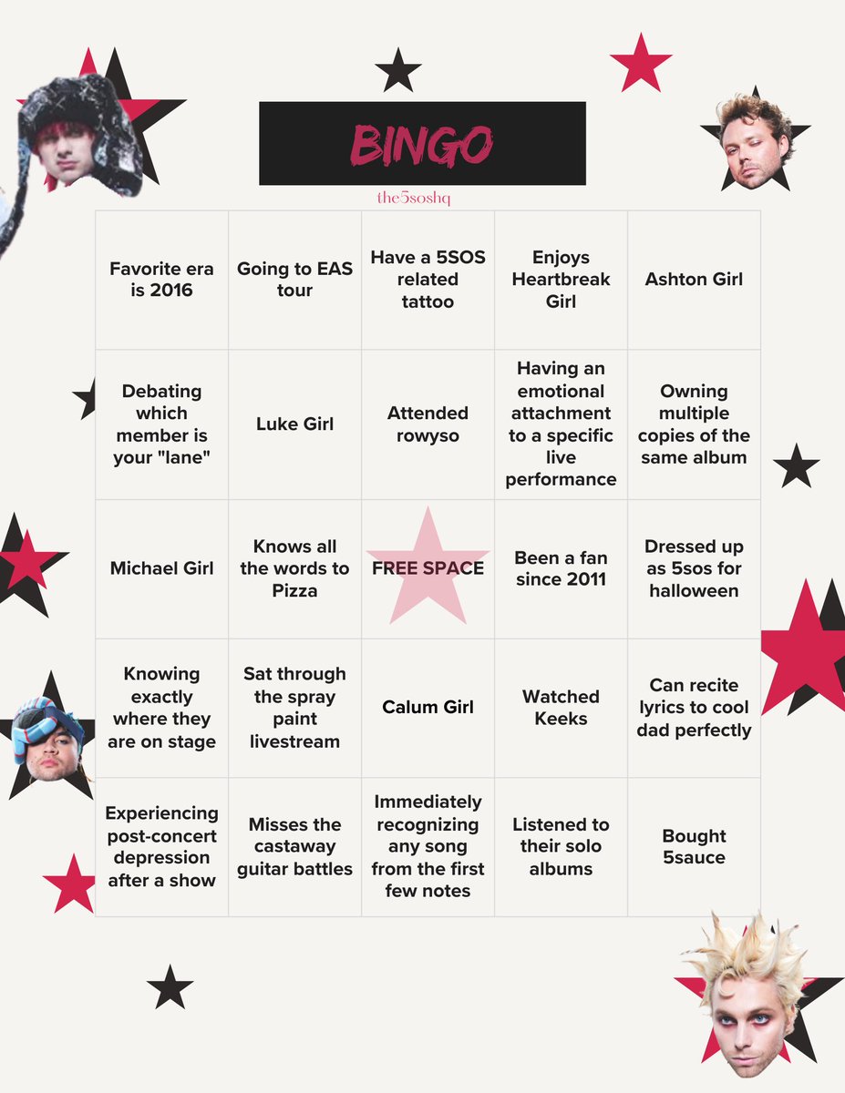 THE5SOSHQ's tweet photo. And finally some 5SOS Bingo! Quote with your results 🖤 https://t.co/032TjOyIG3