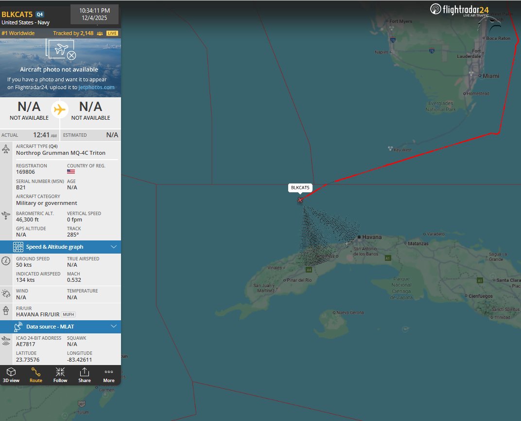 FlconEYES's tweet photo. Northrop Grumman MQ-4C Triton
BLKCAT5 |169806 | ae7817
https://t.co/W0XIFVHhCM

Drone de vigilancia, activo a esta hora dentro del FIR MUHA en #Habana. 🧐🤭

#AvGeek #ADSB #planespotting #4Dec https://t.co/XtJgWP3xt1