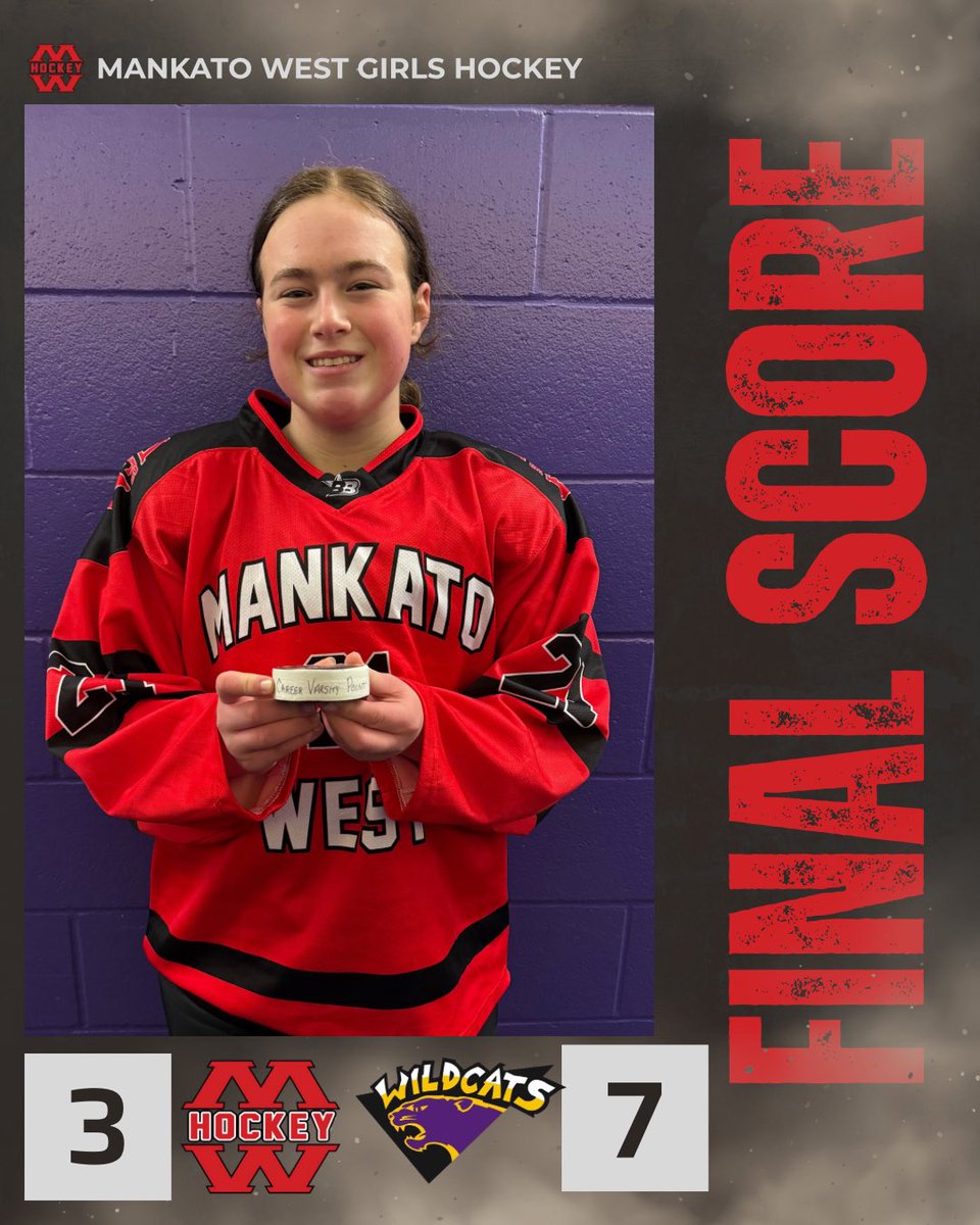 Final from Waconia: 
Mankato West 3 
Waconia 7 
Scoring for West: 
🚨Maleah Giesen 🍏Elli Rickbeil 
🚨Maree Zimmerman 🍏Penny Gorman and Kinleigh Mulvihill 
🚨Maya Pinero 🍏Claire Roering 
Shots on goal West 36  Waconia 30