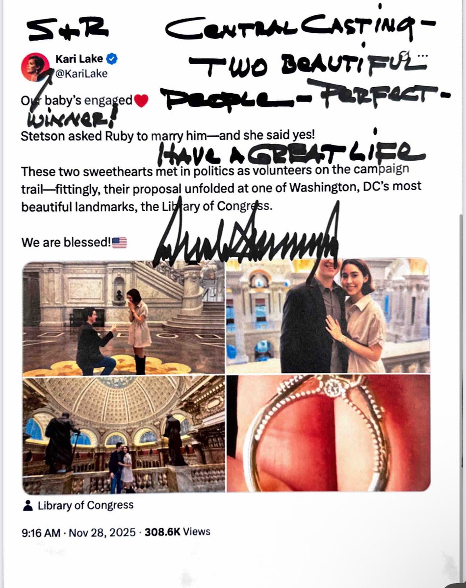 KariLake's tweet photo. So sweet to receive this from 47 tonight. He is so thoughtful🇺🇸

I shared it with Stetson and Ruby and they couldn’t believe President Trump  took time out of his busy schedule to send a handwritten message to them on their engagement. 

Thank you, President @realDonaldTrump❤️🇺🇸 
We love and appreciate you!