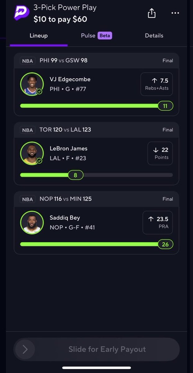 TheOddsLab's tweet image. HUGE night for the VIP ✅

Cashed 3 parlays so far 1 more to go 

Get one month free of the premium by using our code “PR-1EW1S4F” on prize picks and deposit a MINIMUM of $10. 

Or use the link in Bio to subscribe to premium. 

#PrizePicks #NBA #GamblingX #parlay #SportsBettingX