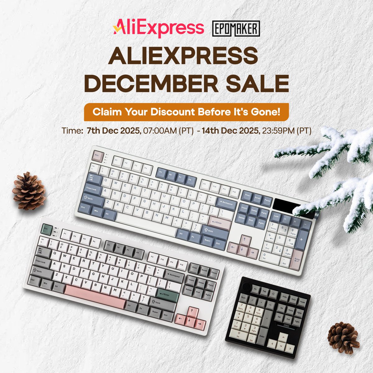 EpomakerK's tweet photo. The December A+ Sale on AliExpress is your shot, and Epomakerβs keyboards are all in β‘
Live Dec 7β14 PST.
https://t.co/66aOilixo6
#Epomaker #AliExpressSale #MechanicalKeyboard #KeyboardDeals #GamerSetup #DeskSetup #CustomKeyboard #Keebs #HallEffectKeyboard https://t.co/KWmghDbmO9
